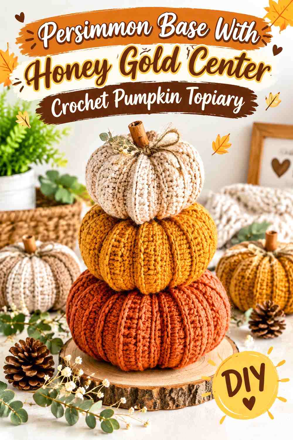Persimmon Base With Honey Gold Center Crochet Pumpkin Topiary