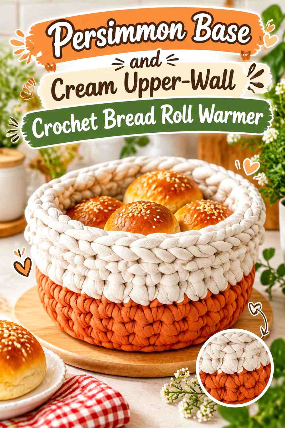 Persimmon Base and Cream Upper-Wall Crochet Bread Roll Warmer