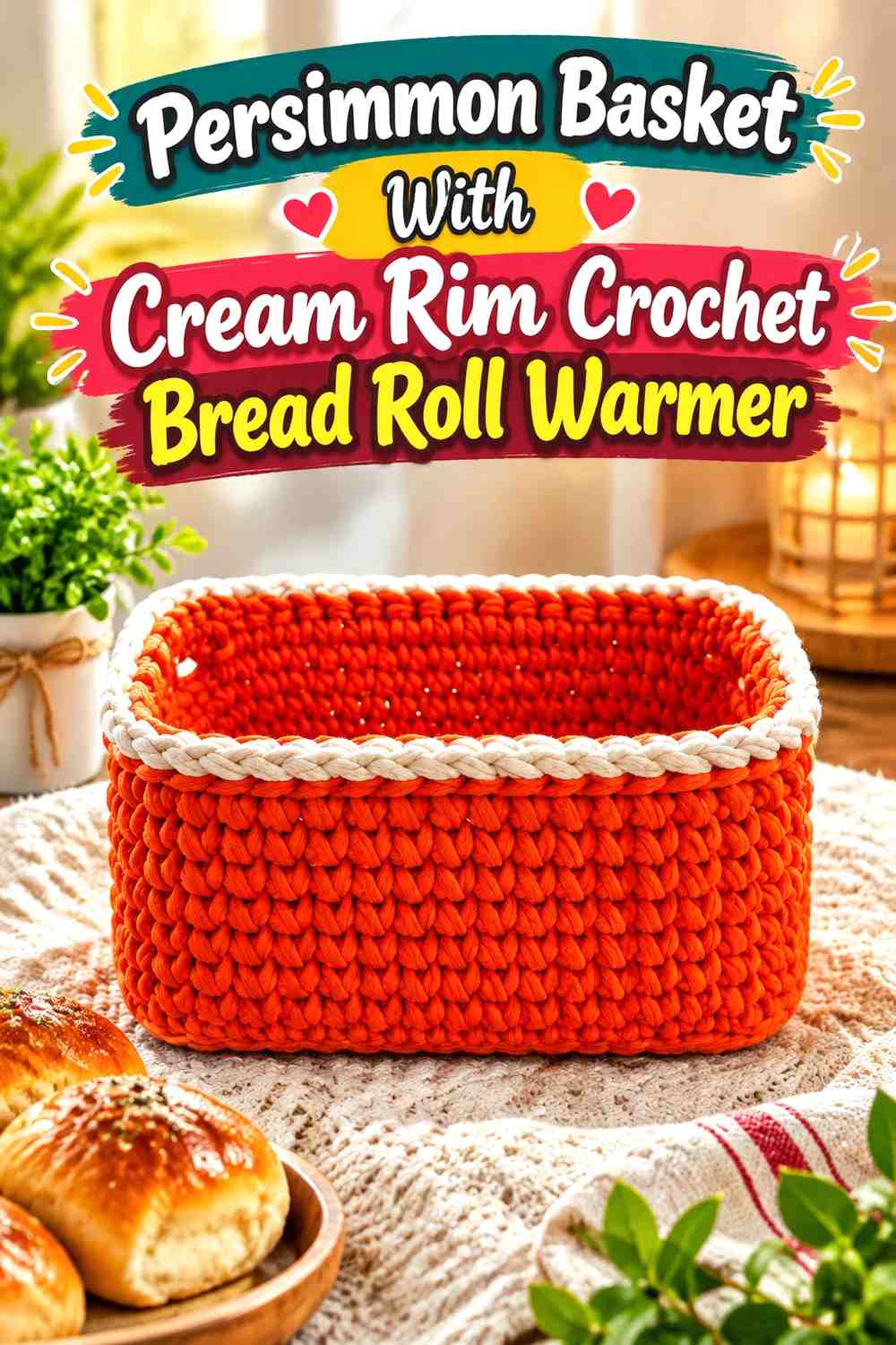 Persimmon Basket With Cream Rim Crochet Bread Roll Warmer