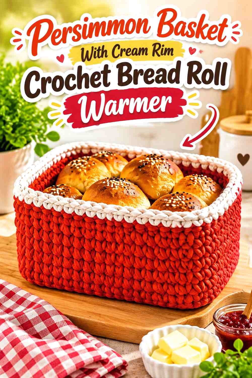 Persimmon Basket With Cream Rim Crochet Bread Roll Warmer