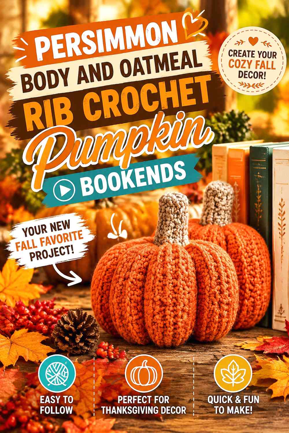 Persimmon Body and Oatmeal Rib Crochet Pumpkin Bookends