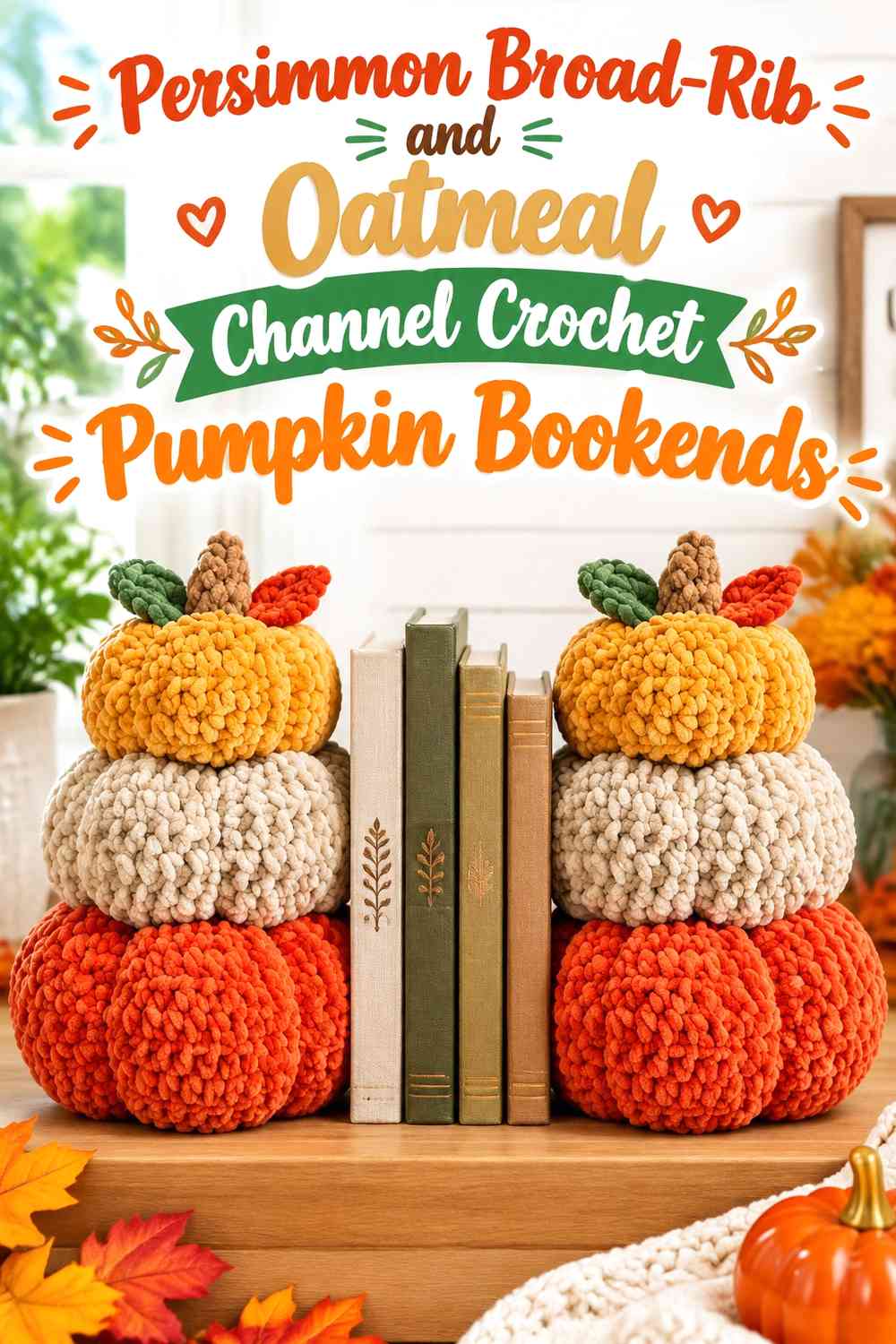 Persimmon Broad-Rib and Oatmeal Channel Crochet Pumpkin Bookends
