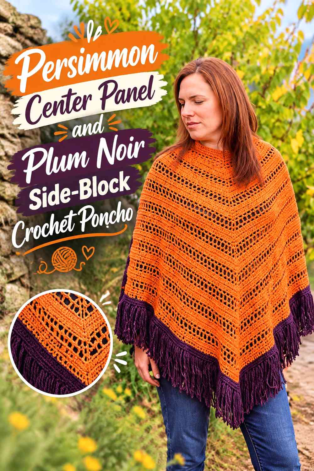 Persimmon Center Panel and Plum Noir Side-Block Crochet Poncho