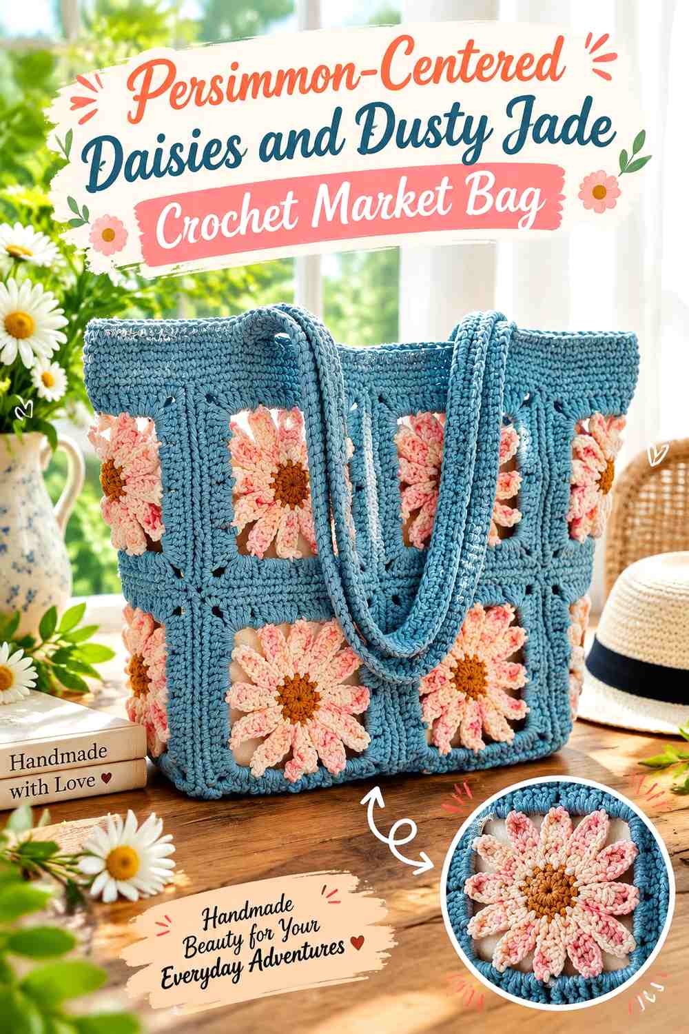Persimmon-Centered Daisies and Dusty Jade Crochet Market Bag