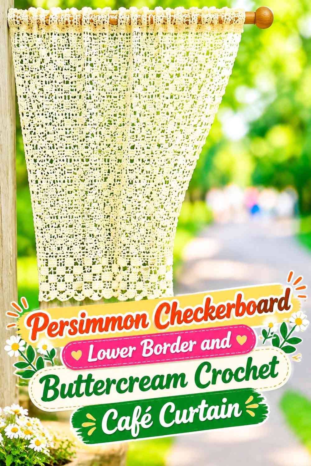 Persimmon Checkerboard Lower Border and Buttercream Crochet Café Curtain