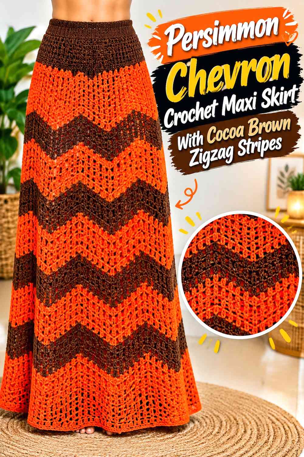 Persimmon Chevron Crochet Maxi Skirt With Cocoa Brown Zigzag Stripes