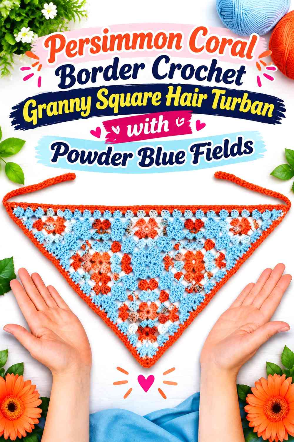 Persimmon Coral Border Crochet Granny Square Hair Turban with Powder Blue Fields