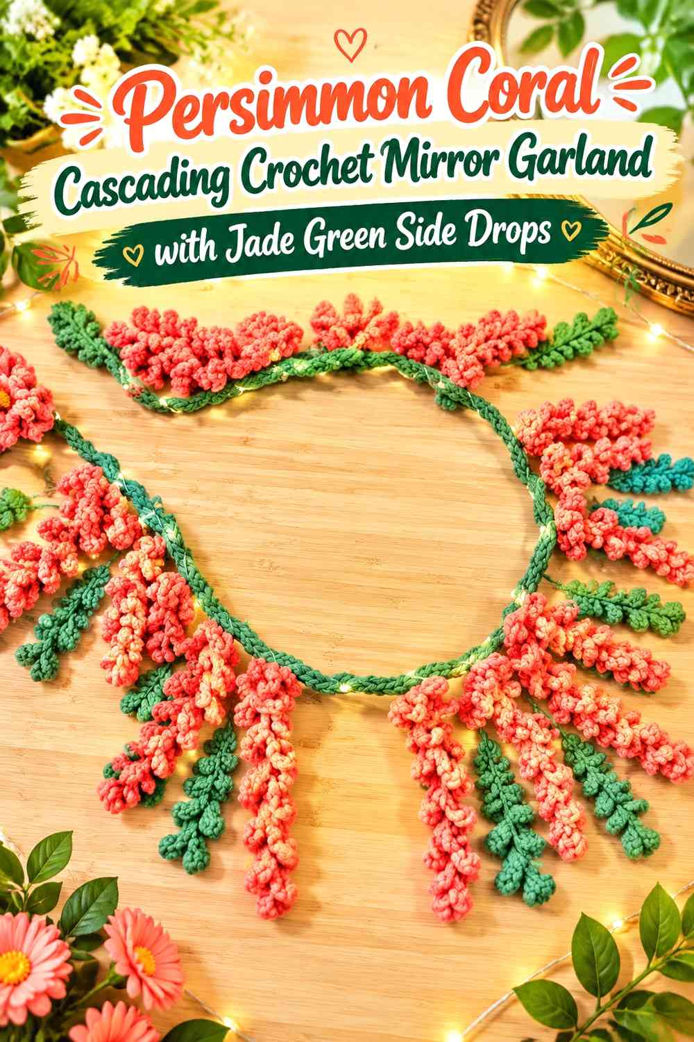 Persimmon Coral Cascading Crochet Mirror Garland with Jade Green Side Drops