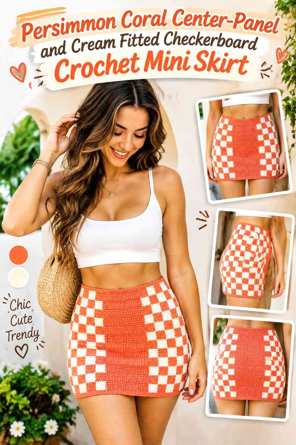 Persimmon Coral Center-Panel and Cream Fitted Checkerboard Crochet Mini Skirt