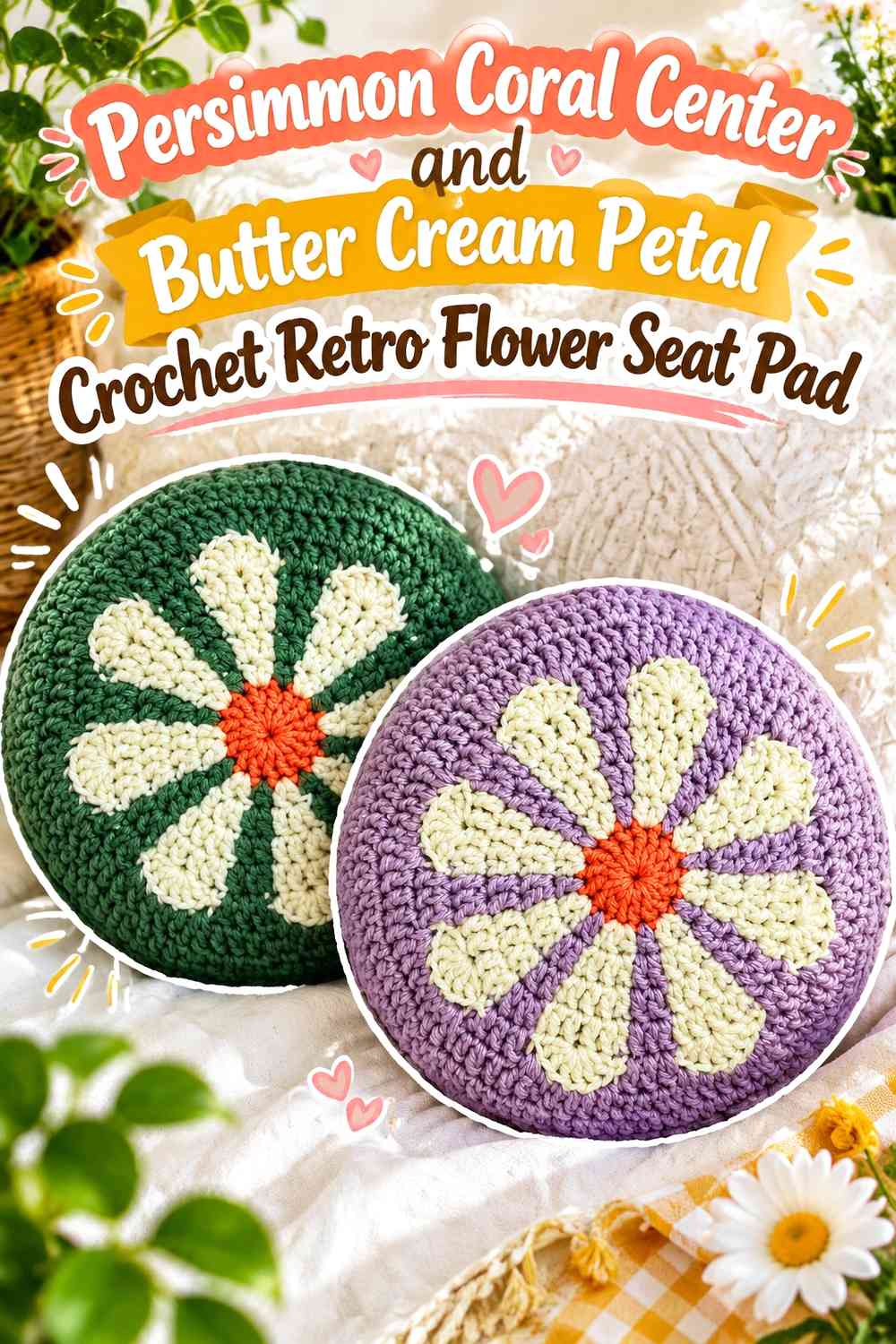 Persimmon Coral Center and Butter Cream Petal Crochet Retro Flower Seat Pad