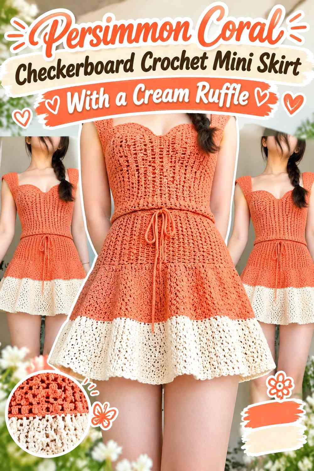 Persimmon Coral Checkerboard Crochet Mini Skirt With a Cream Ruffle