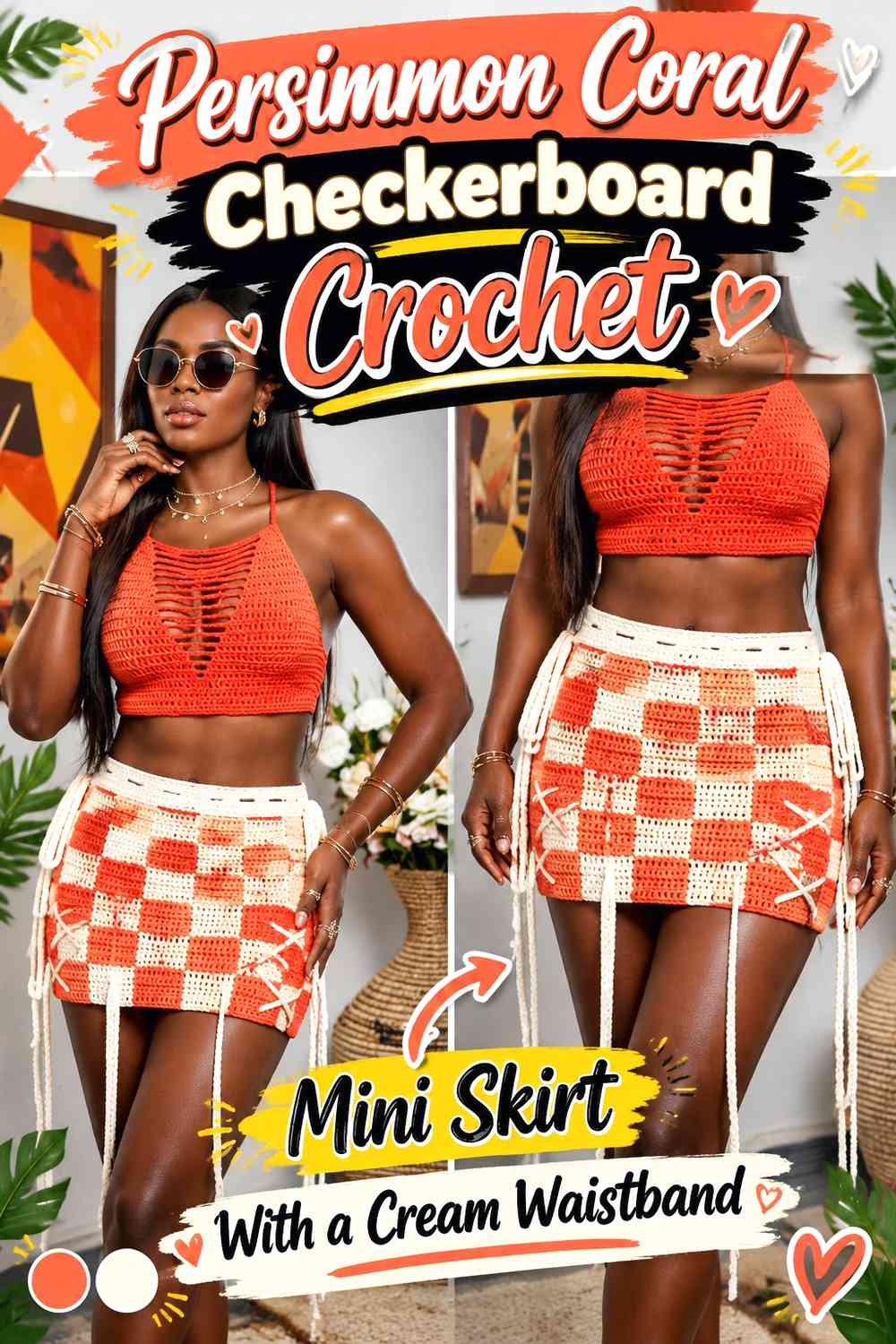 Persimmon Coral Checkerboard Crochet Mini Skirt With a Cream Waistband