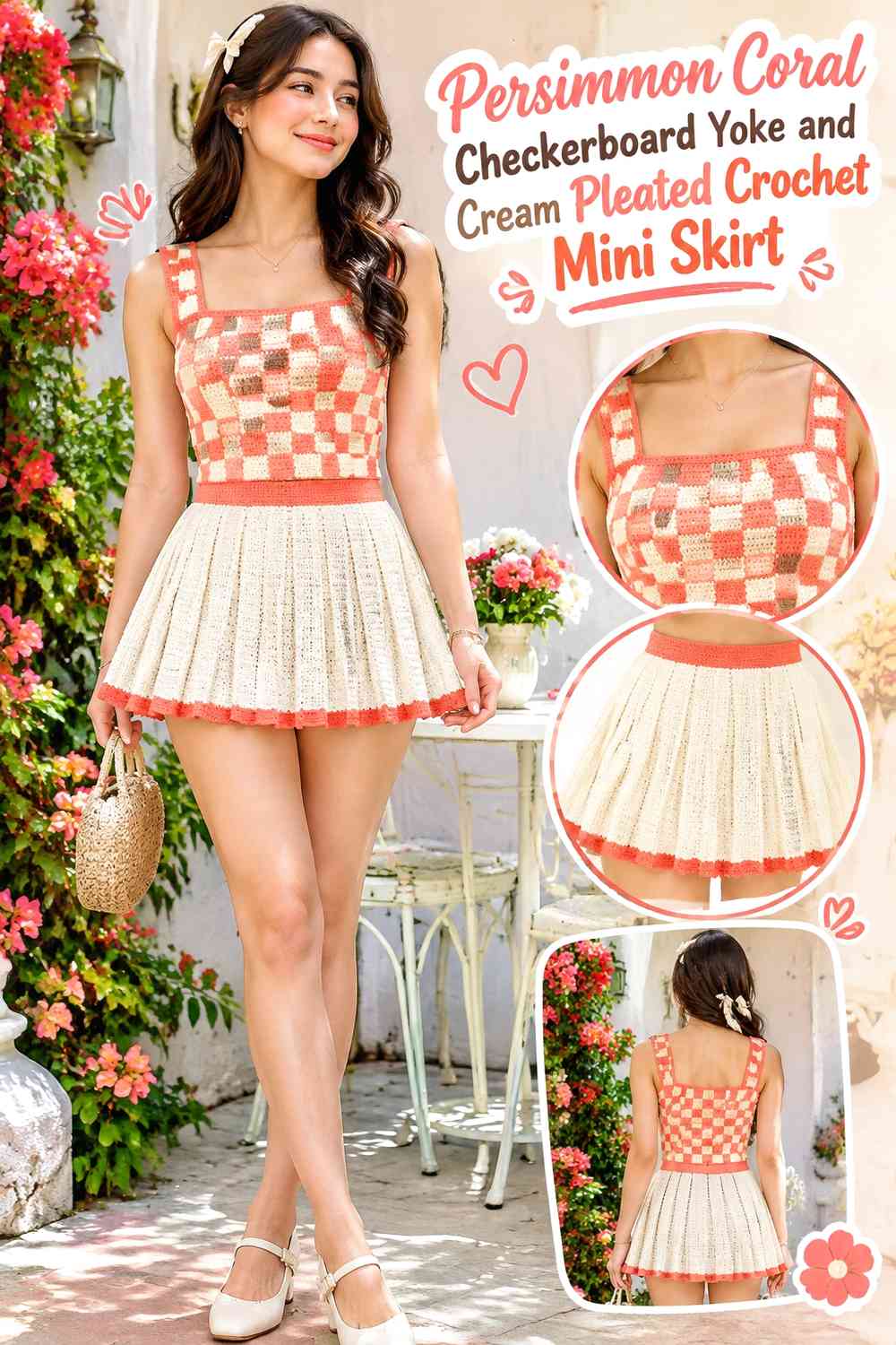 Persimmon Coral Checkerboard Yoke and Cream Pleated Crochet Mini Skirt