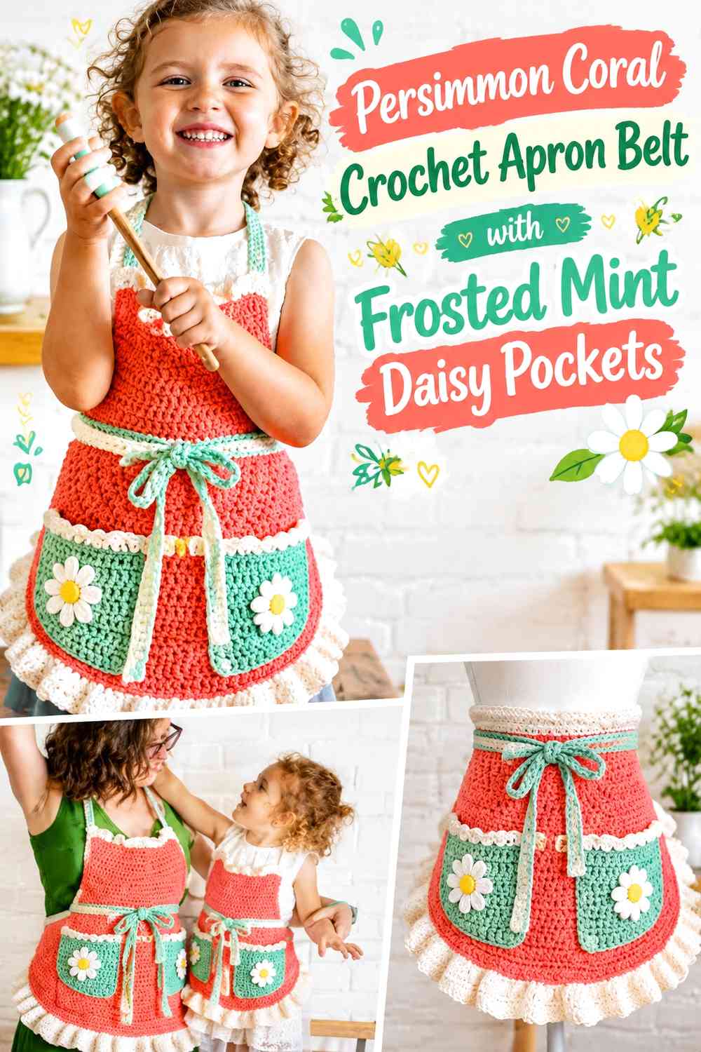 Persimmon Coral Crochet Apron Belt with Frosted Mint Daisy Pockets