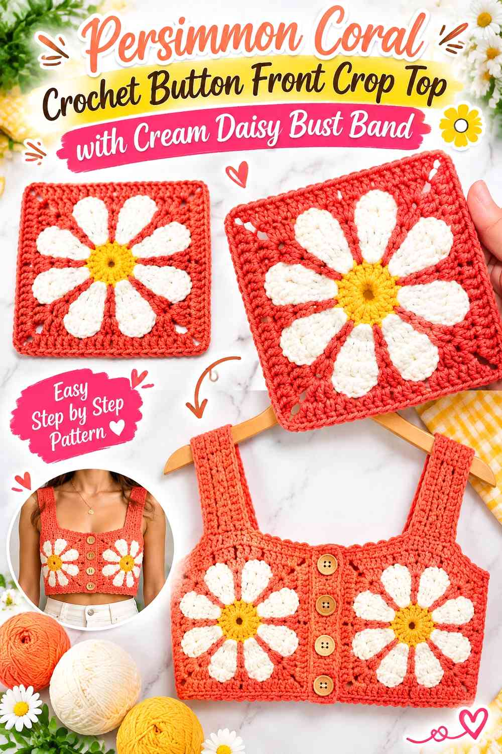 Persimmon Coral Crochet Button Front Crop Top with Cream Daisy Bust Band