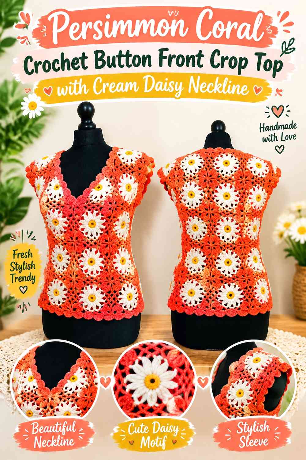 Persimmon Coral Crochet Button Front Crop Top with Cream Daisy Neckline