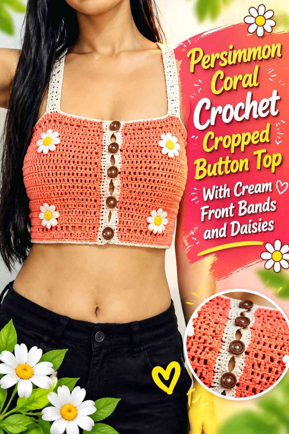 Persimmon Coral Crochet Cropped Button Top with Cream Front Bands and Daisies