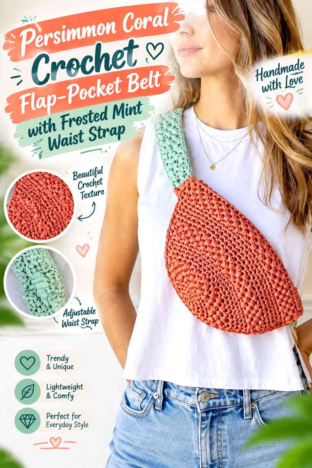 Persimmon Coral Crochet Flap-Pocket Belt with Frosted Mint Waist Strap
