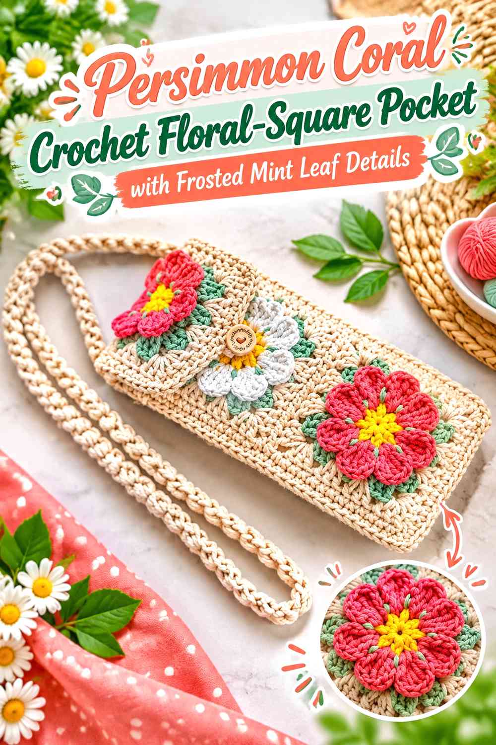 Persimmon Coral Crochet Floral-Square Pocket with Frosted Mint Leaf Details