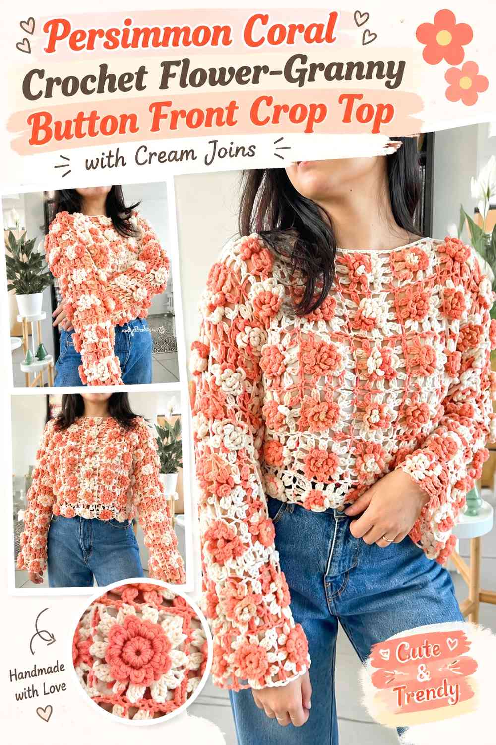 Persimmon Coral Crochet Flower-Granny Button Front Crop Top with Cream Joins