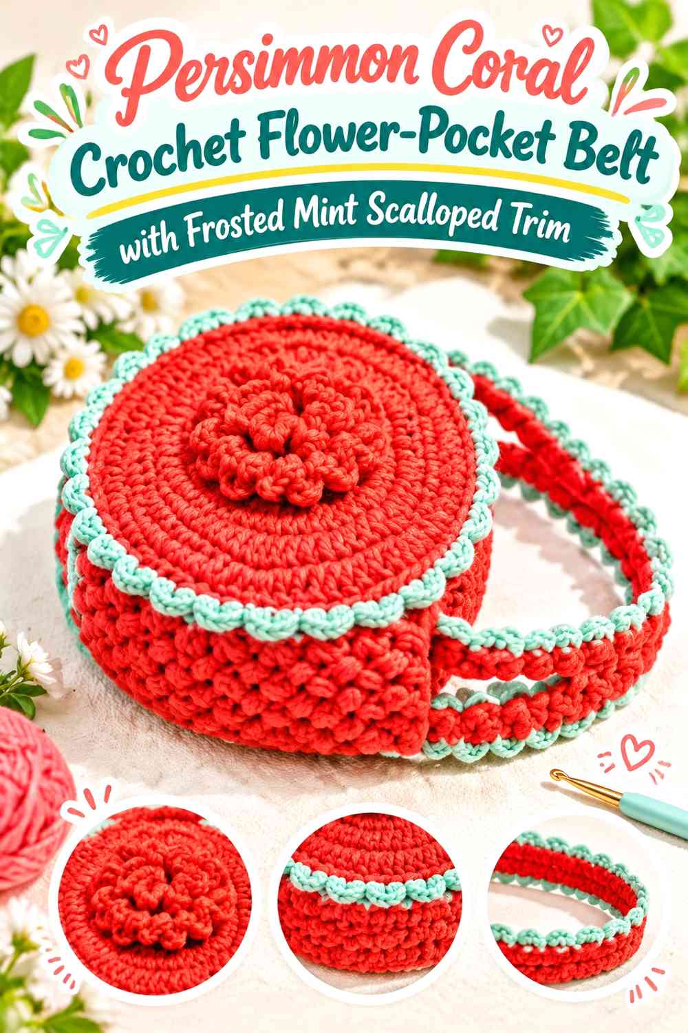 Persimmon Coral Crochet Flower-Pocket Belt with Frosted Mint Scalloped Trim