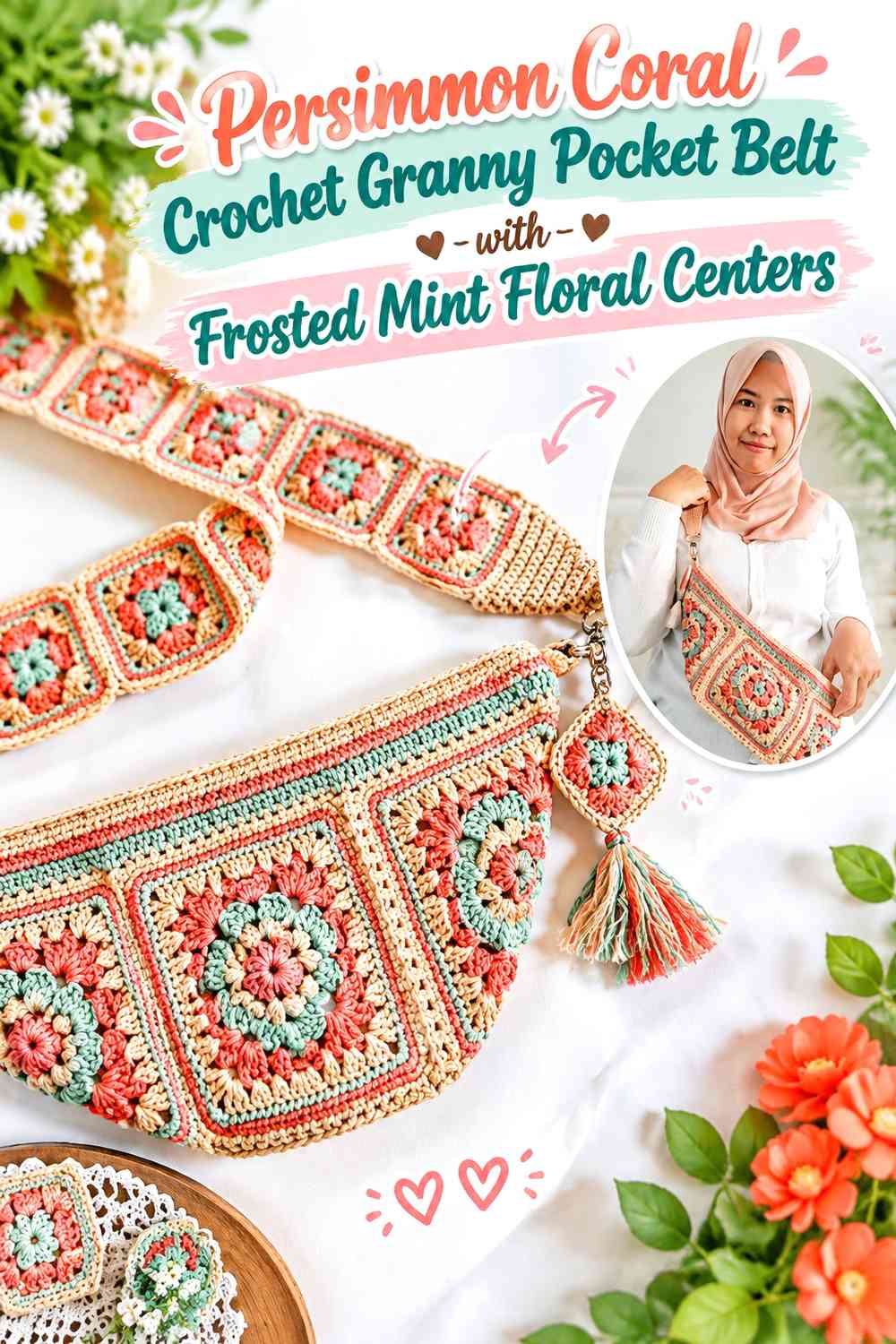 Persimmon Coral Crochet Granny Pocket Belt with Frosted Mint Floral Centers