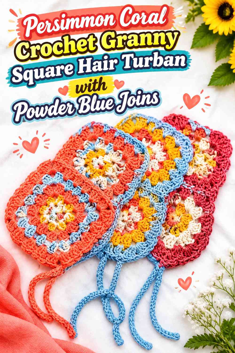 Persimmon Coral Crochet Granny Square Hair Turban with Powder Blue Joins