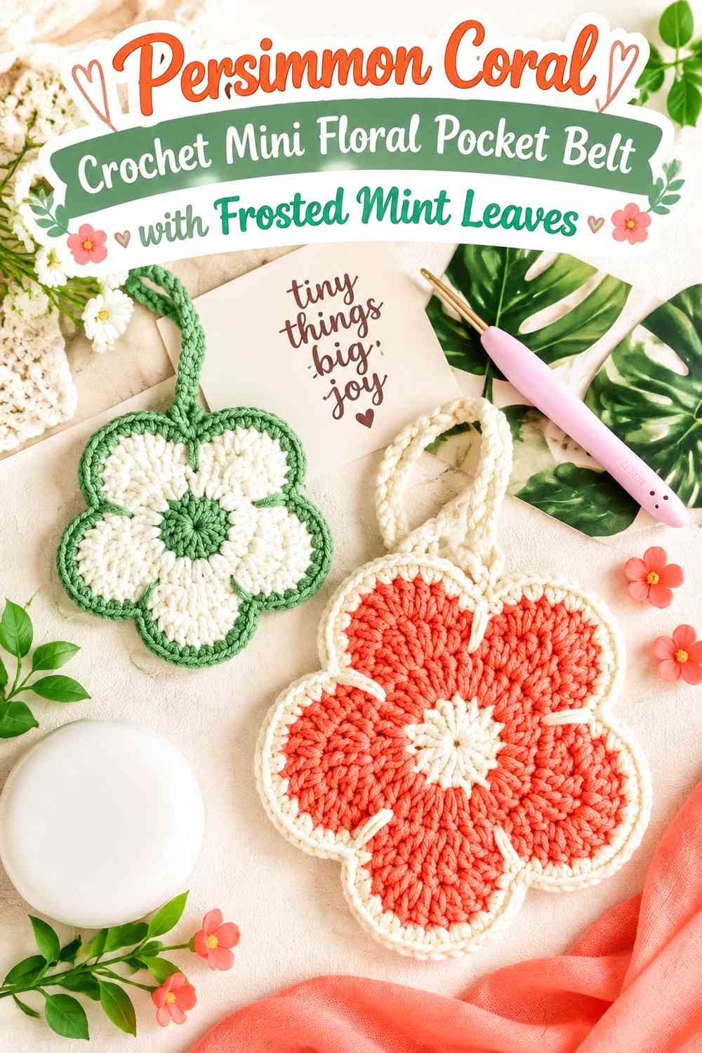Persimmon Coral Crochet Mini Floral Pocket Belt with Frosted Mint Leaves