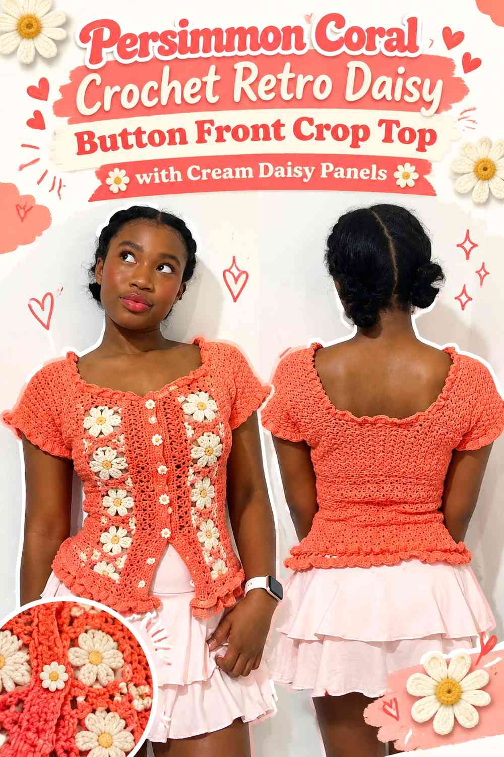 Persimmon Coral Crochet Retro Daisy Button Front Crop Top with Cream Daisy Panels