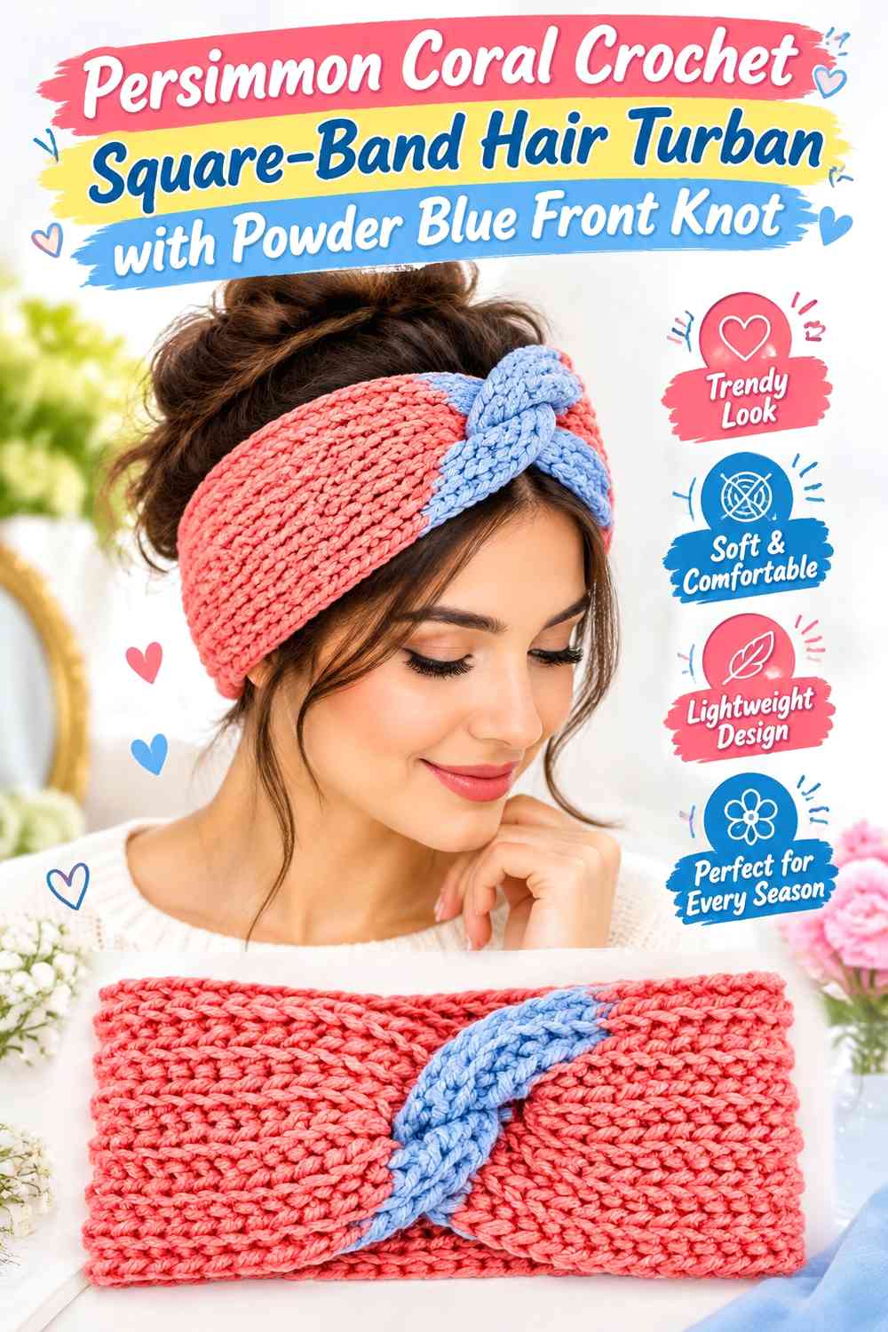 Persimmon Coral Crochet Square-Band Hair Turban with Powder Blue Front Knot