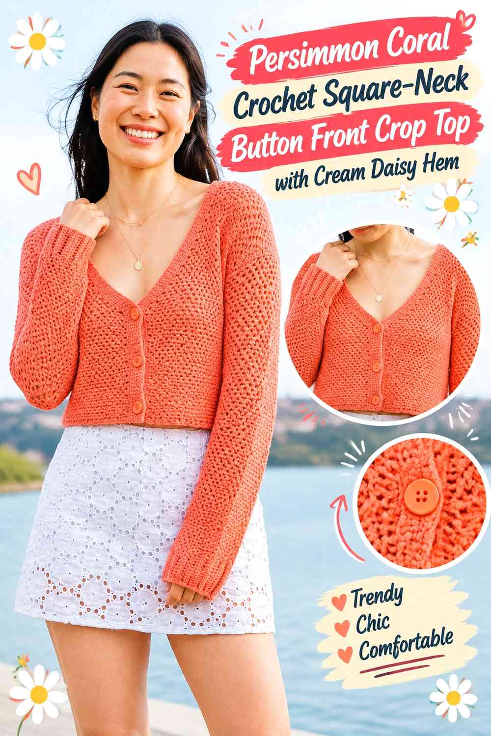 Persimmon Coral Crochet Square-Neck Button Front Crop Top with Cream Daisy Hem