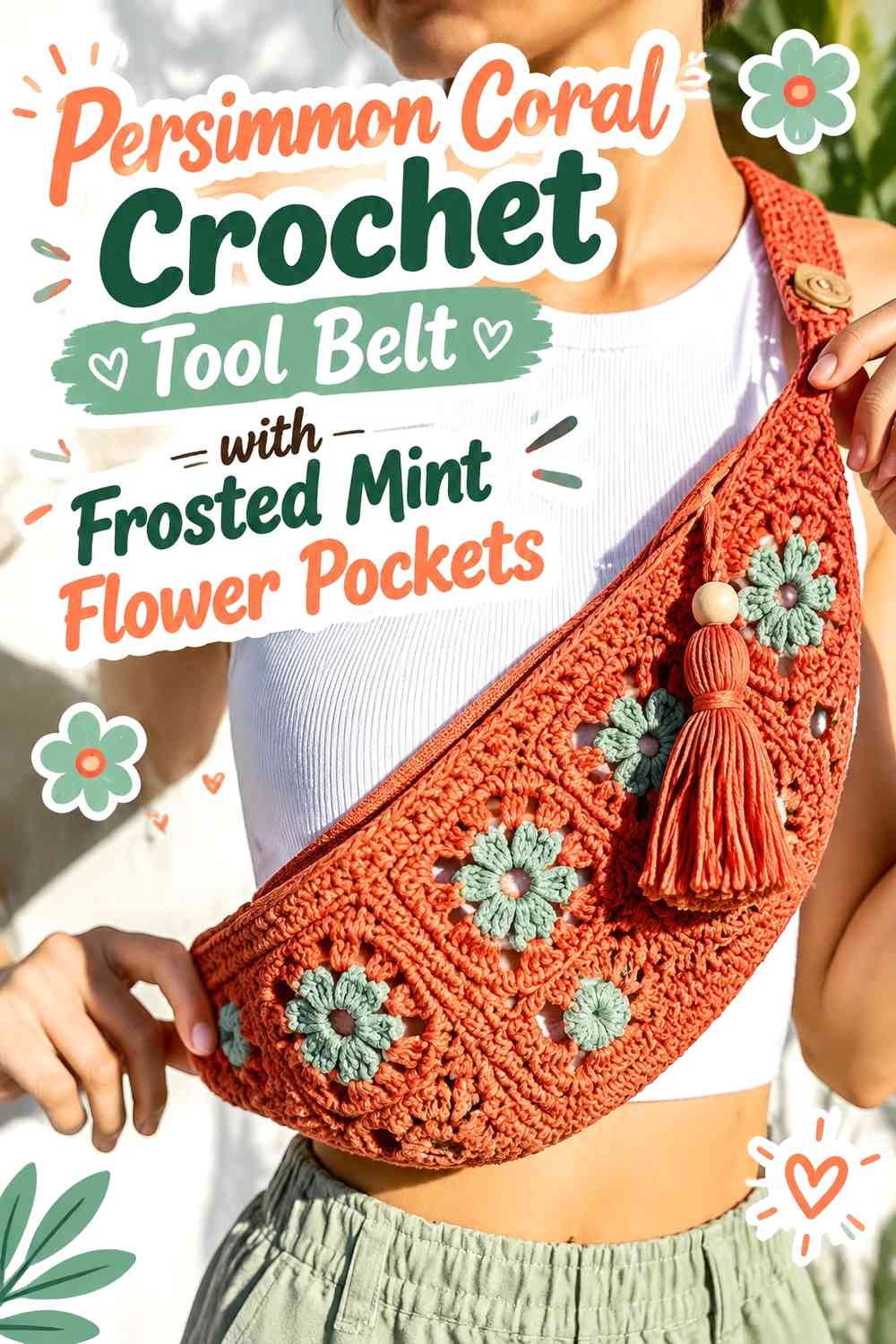 Persimmon Coral Crochet Tool Belt with Frosted Mint Flower Pockets