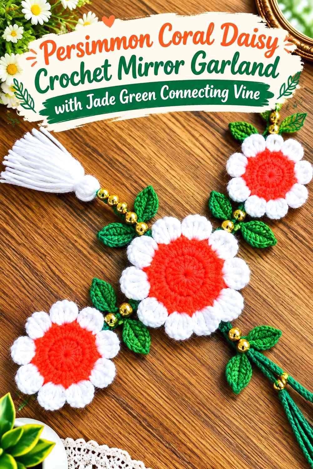 Persimmon Coral Daisy Crochet Mirror Garland with Jade Green Connecting Vine