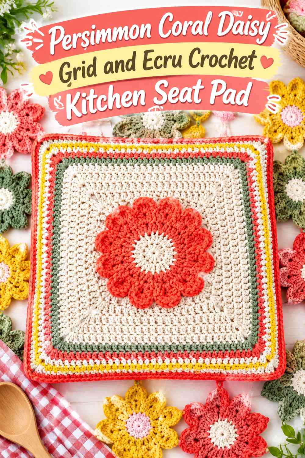 Persimmon Coral Daisy Grid and Ecru Crochet Kitchen Seat Pad