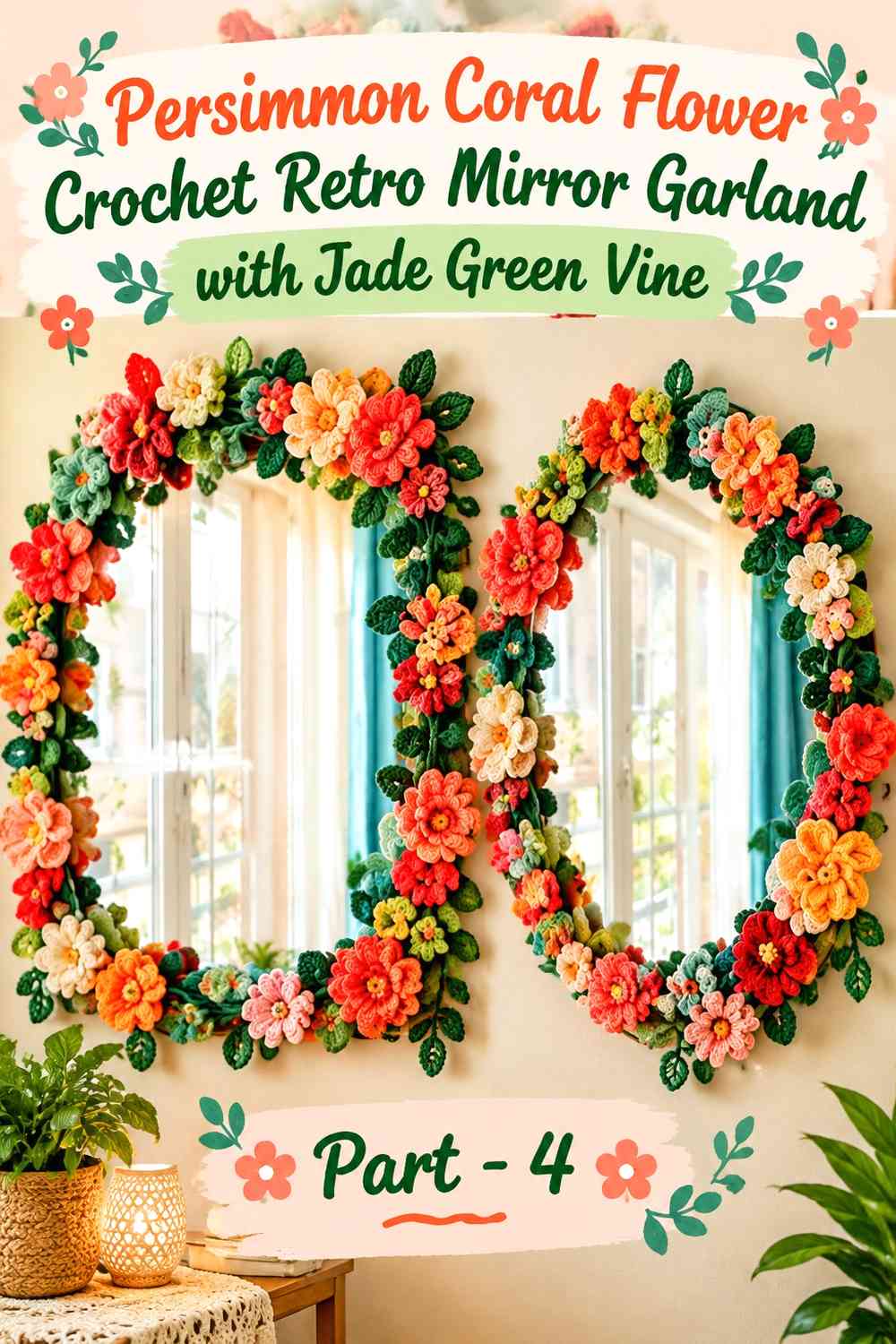 Persimmon Coral Flower Crochet Retro Mirror Garland with Jade Green Vine