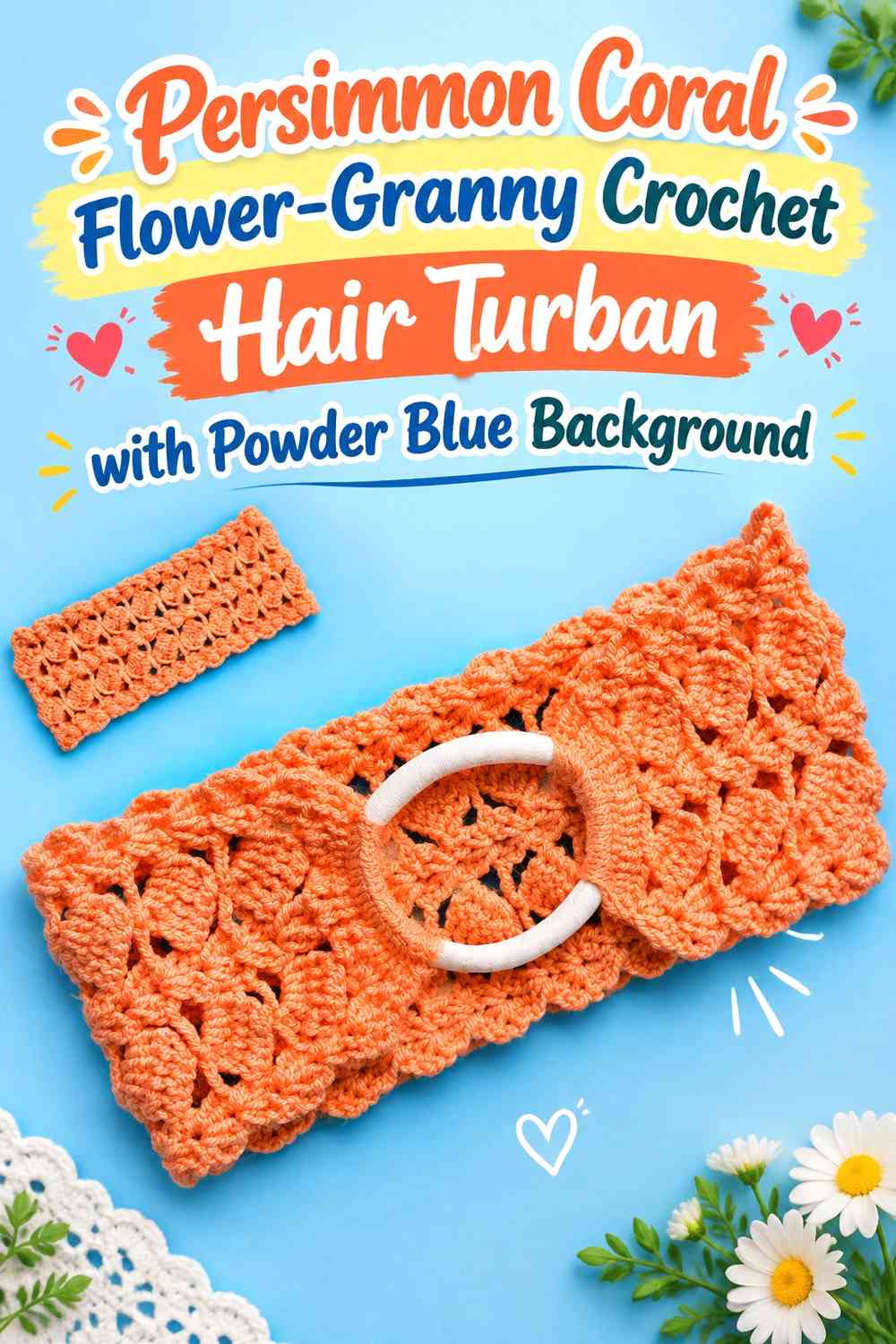 Persimmon Coral Flower-Granny Crochet Hair Turban with Powder Blue Background
