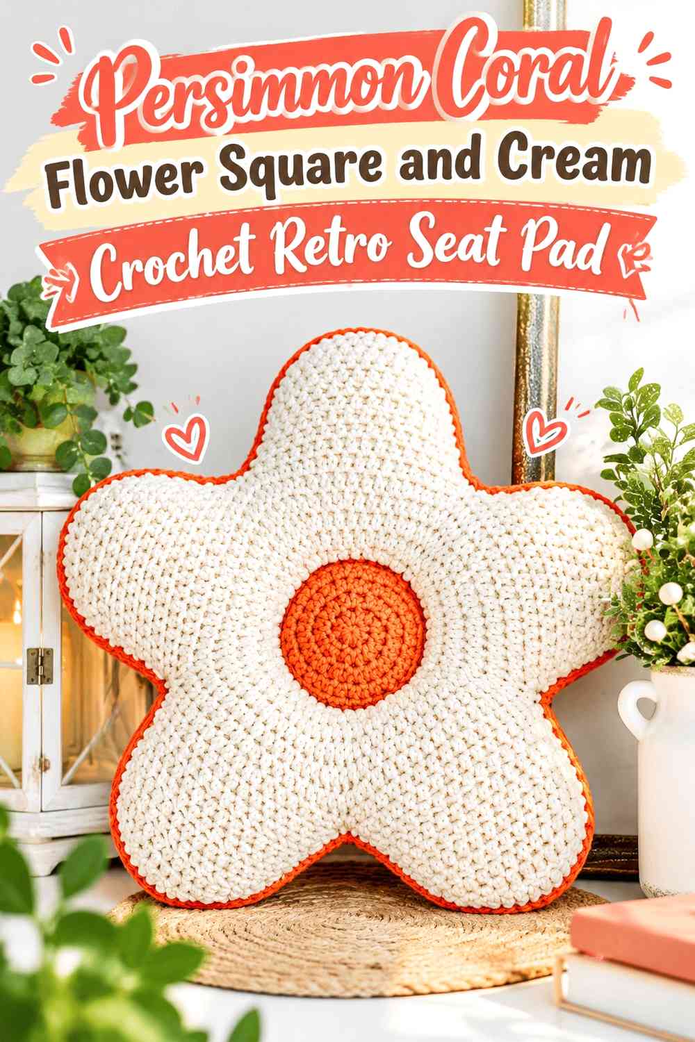 Persimmon Coral Flower Square and Cream Crochet Retro Seat Pad