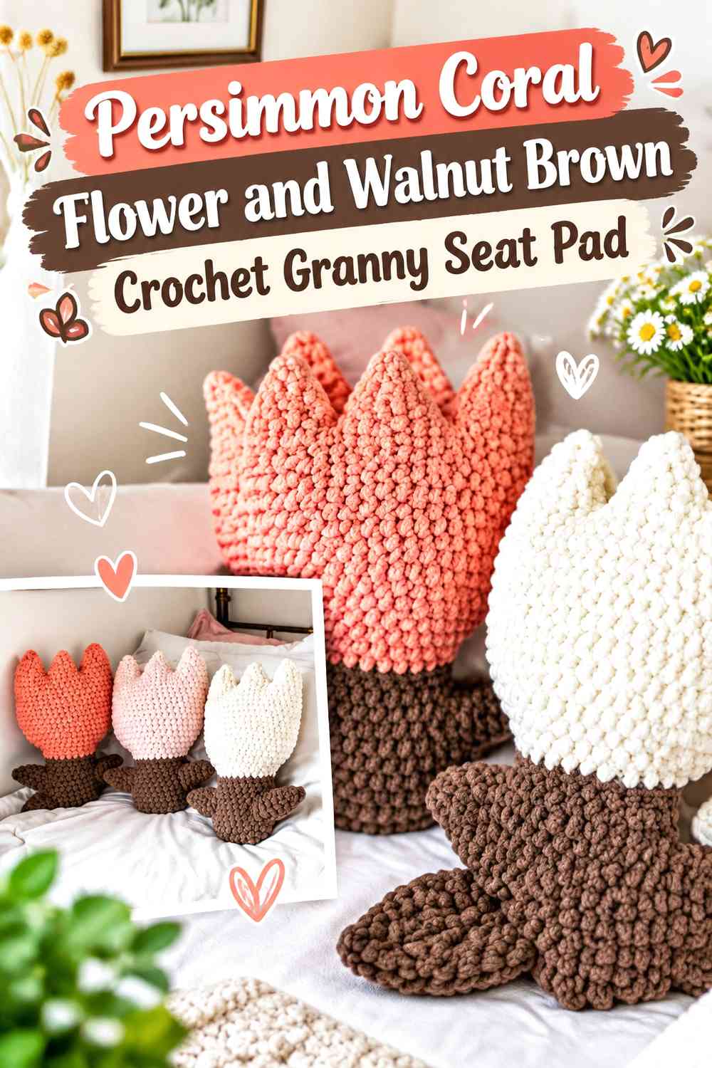 Persimmon Coral Flower and Walnut Brown Crochet Granny Seat Pad