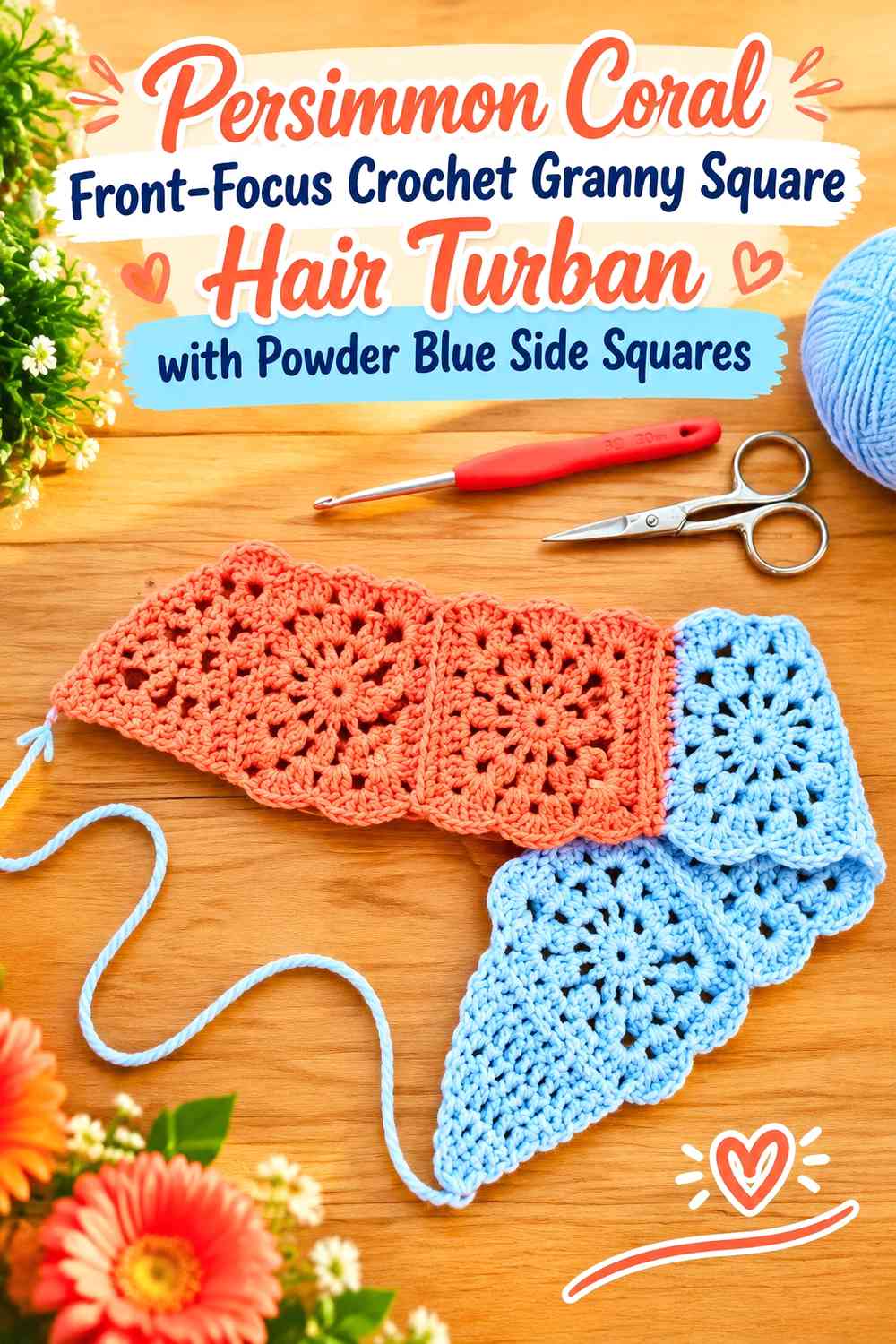 Persimmon Coral Front-Focus Crochet Granny Square Hair Turban with Powder Blue Side Squares