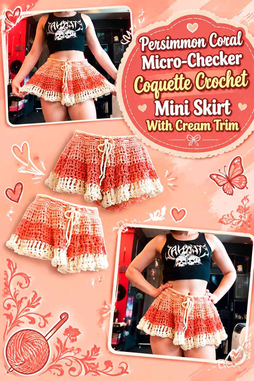 Persimmon Coral Micro-Checker Coquette Crochet Mini Skirt With Cream Trim