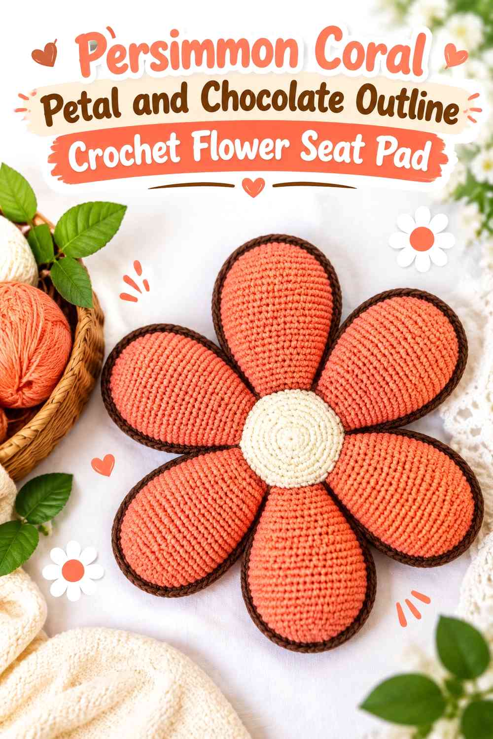 Persimmon Coral Petal and Chocolate Outline Crochet Flower Seat Pad