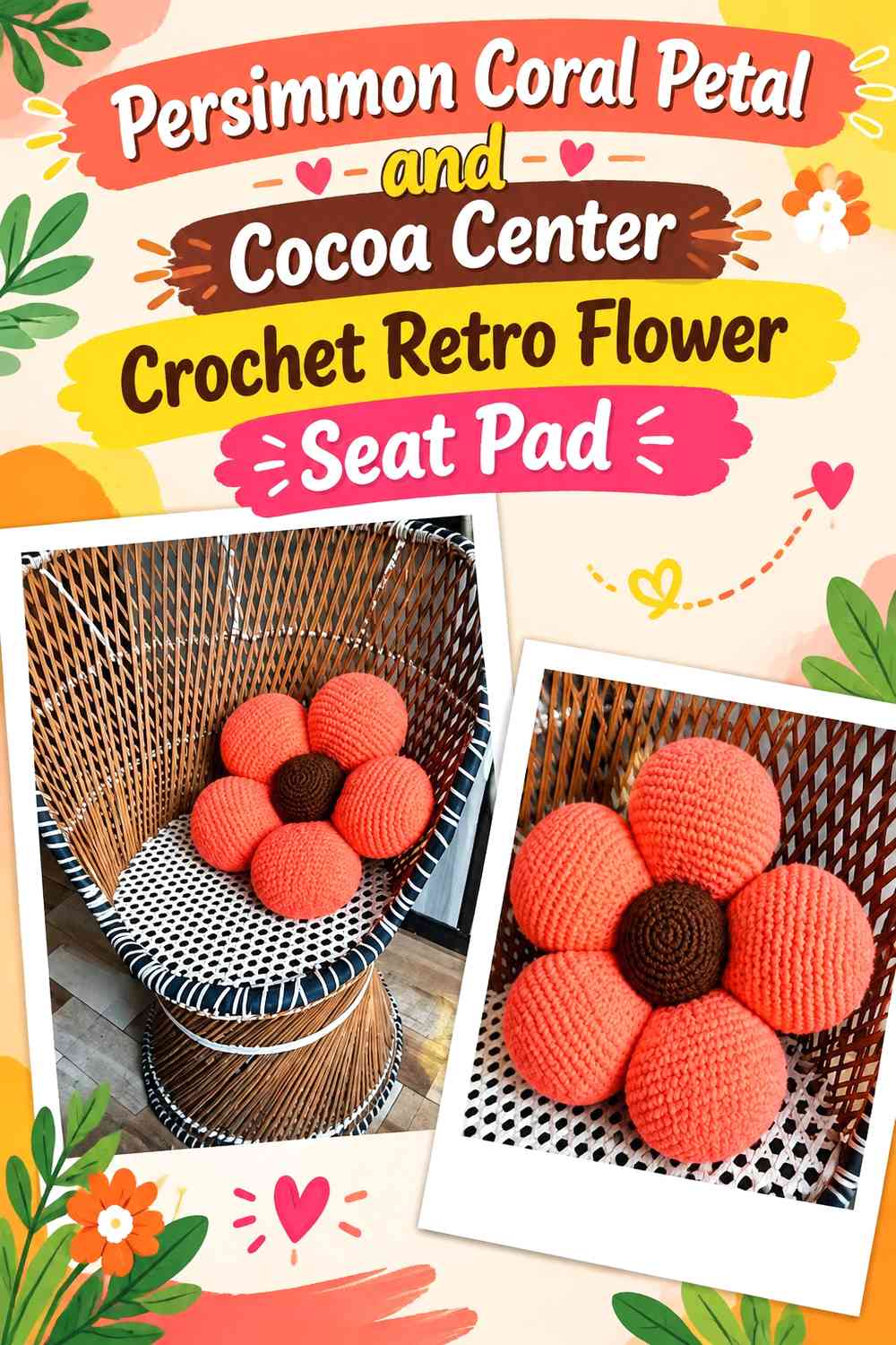 Persimmon Coral Petal and Cocoa Center Crochet Retro Flower Seat Pad