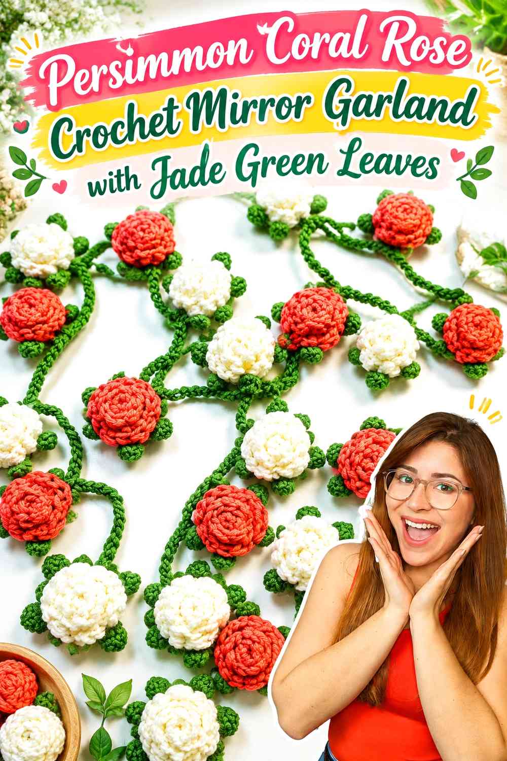 Persimmon Coral Rose Crochet Mirror Garland with Jade Green Leaves