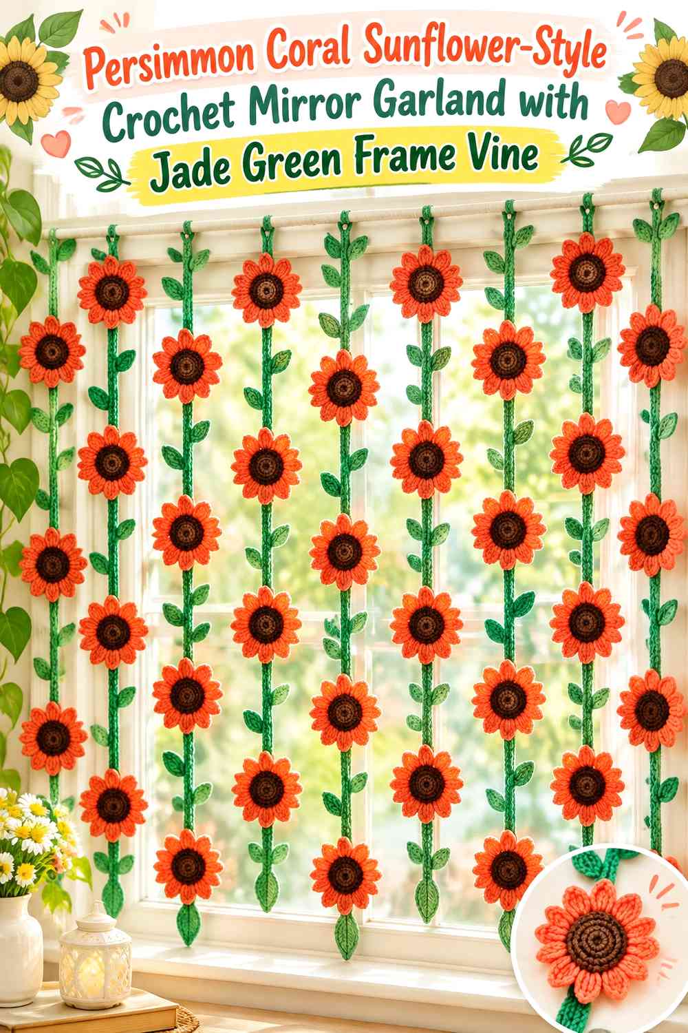 Persimmon Coral Sunflower-Style Crochet Mirror Garland with Jade Green Frame Vine