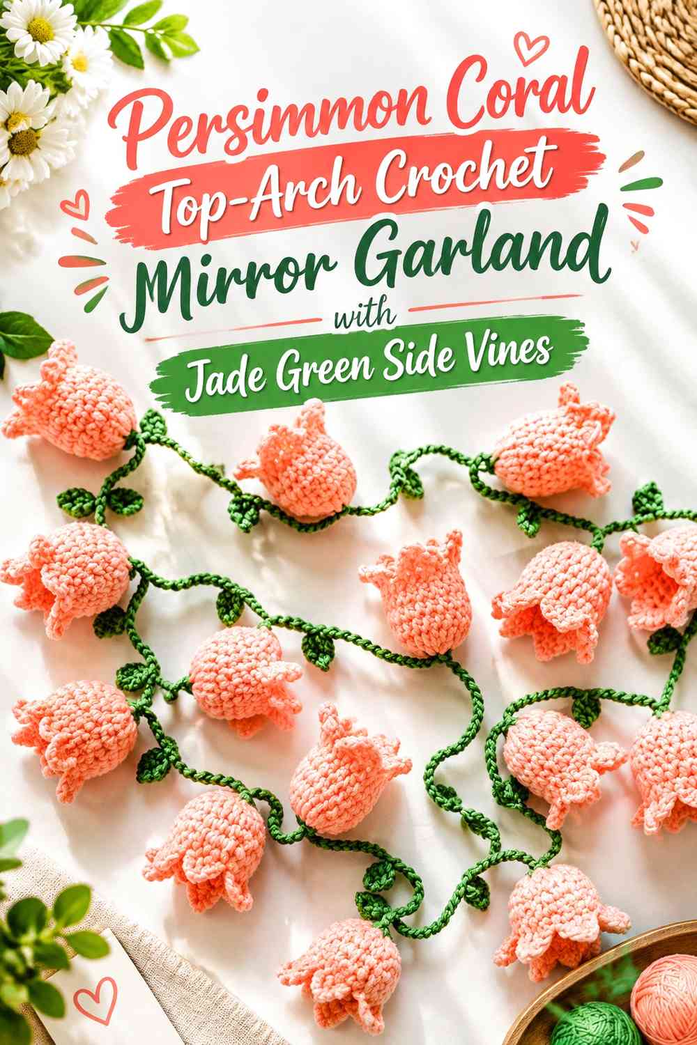 Persimmon Coral Top-Arch Crochet Mirror Garland with Jade Green Side Vines