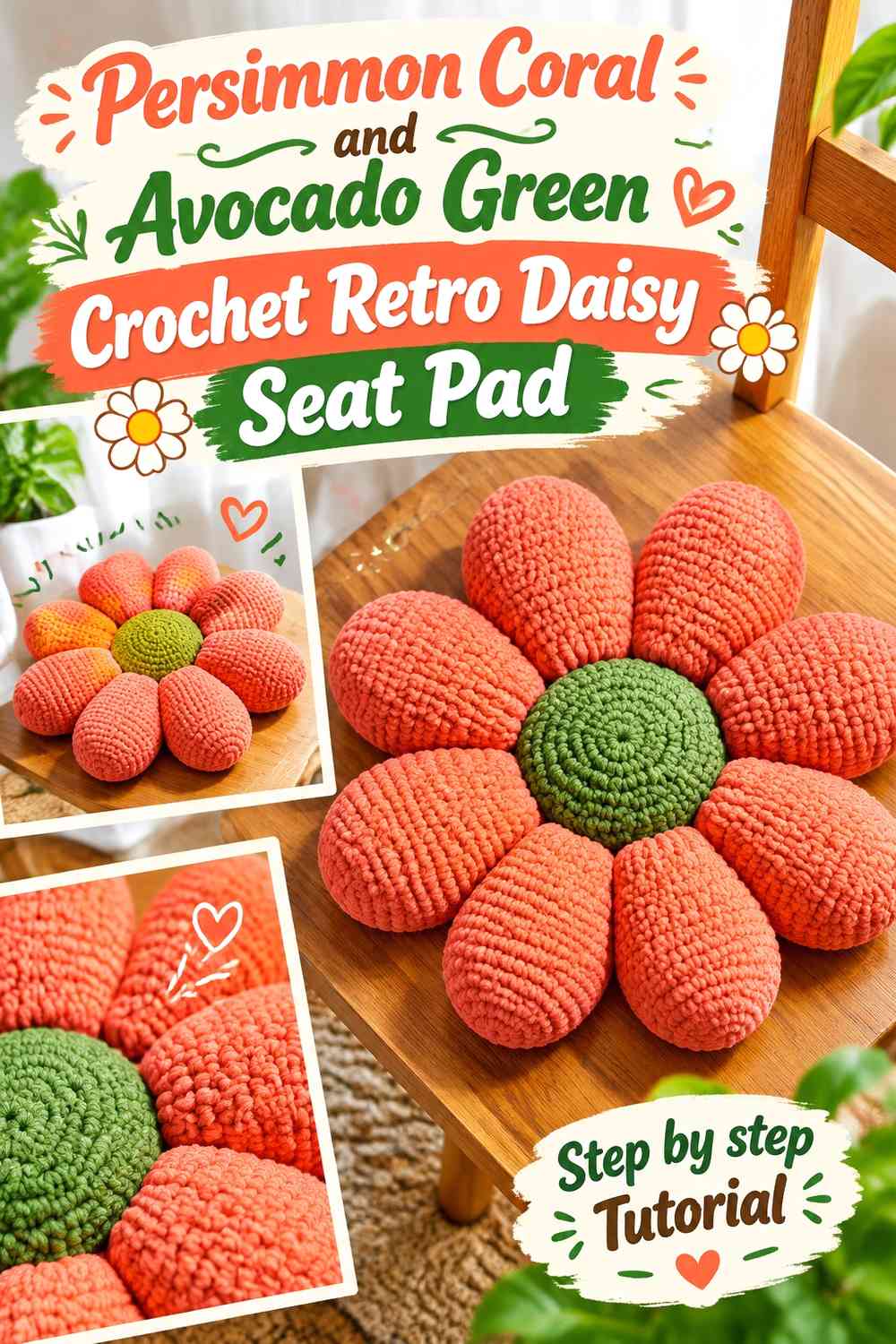 Persimmon Coral and Avocado Green Crochet Retro Daisy Seat Pad