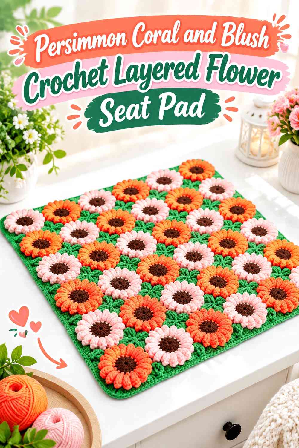 Persimmon Coral and Blush Crochet Layered Flower Seat Pad