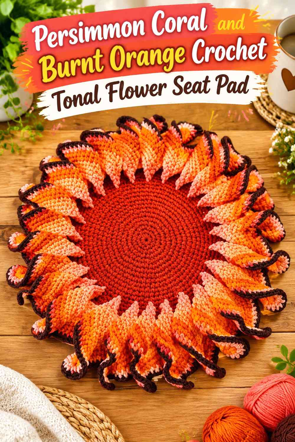 Persimmon Coral and Burnt Orange Crochet Tonal Flower Seat Pad
