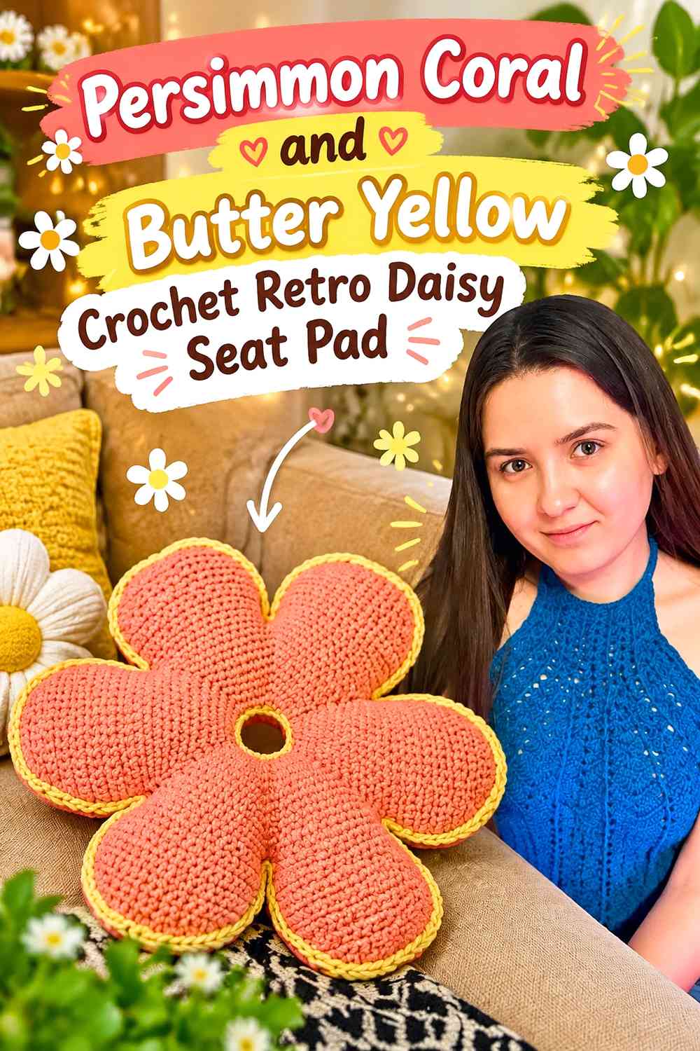 Persimmon Coral and Butter Yellow Crochet Retro Daisy Seat Pad
