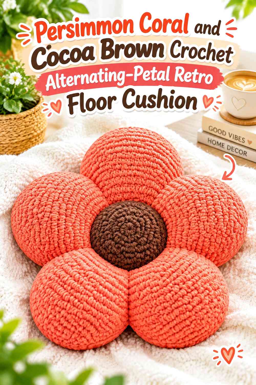 Persimmon Coral and Cocoa Brown Crochet Alternating-Petal Retro Floor Cushion